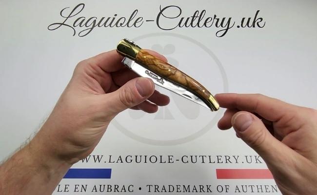 laguiole knife olivewood handle brass video