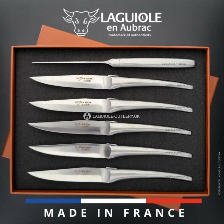set of 6 laguiole steak knives monobloc stainless steel satin