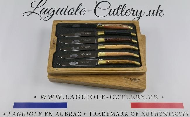 set of 6 laguiole steak knives mixed wood handles brass bolsters