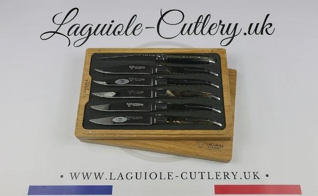 set of 6 laguiole steak knives buffalo horn handles double plates chiseled