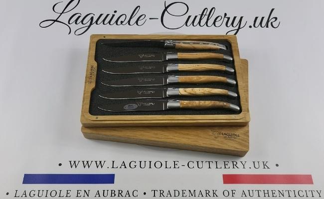 Six Laguiole steak knives with olive wood handles