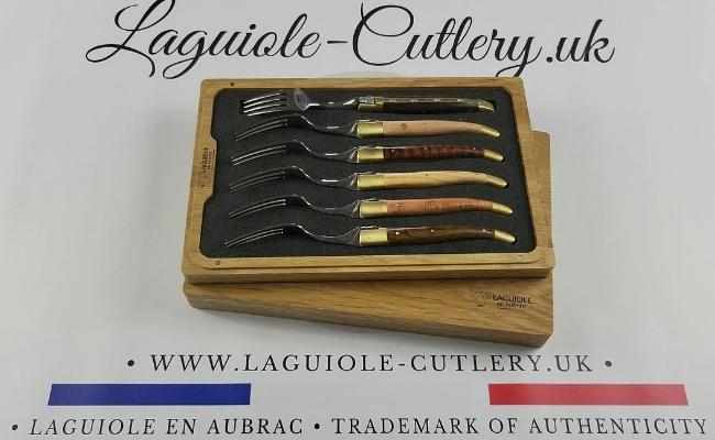 set of 6 laguiole forks mixed wood handles – brass bolsters