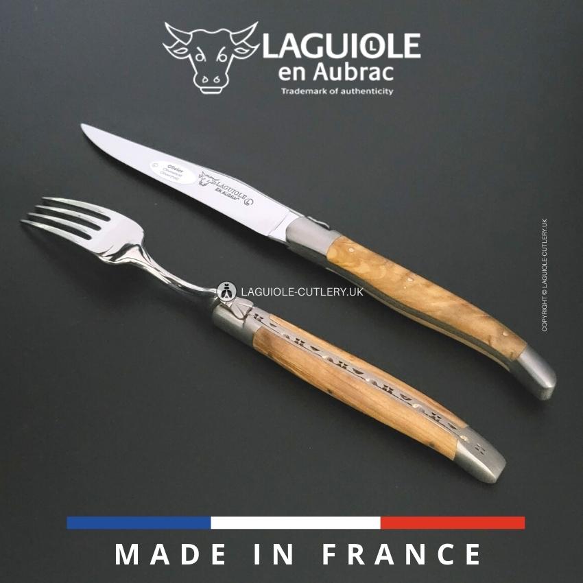 set of 1 laguiole steak knife and 1 fork olivewood