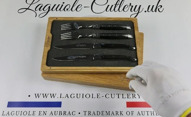 set of 2 laguiole steak knives and 2 forks ebony wood
