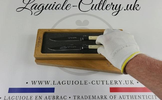 set of 2 laguiole steak knives cattle bone handles