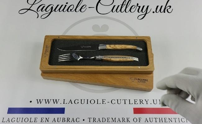 set of 1 laguiole steak knife and 1 fork olivewood