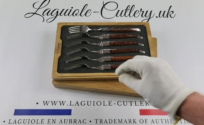Six Laguiole table forks with snakewood handles