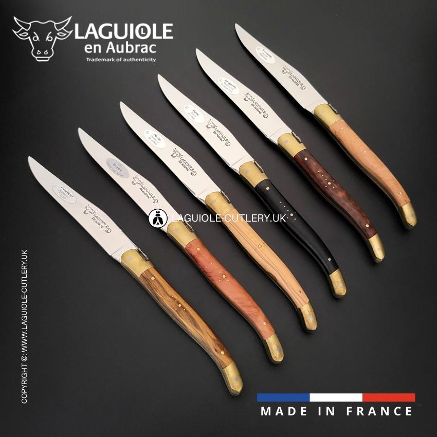 6 piece steak knife set 6 mixed wood with brass bolsters