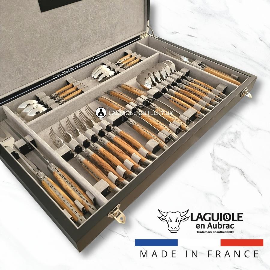laguiole en aubrac cutlery set 28 piece olive wood handle