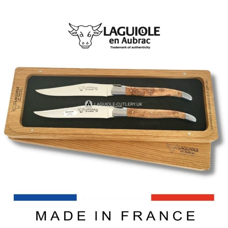 set of 2 laguiole steak knives juniper wood handles