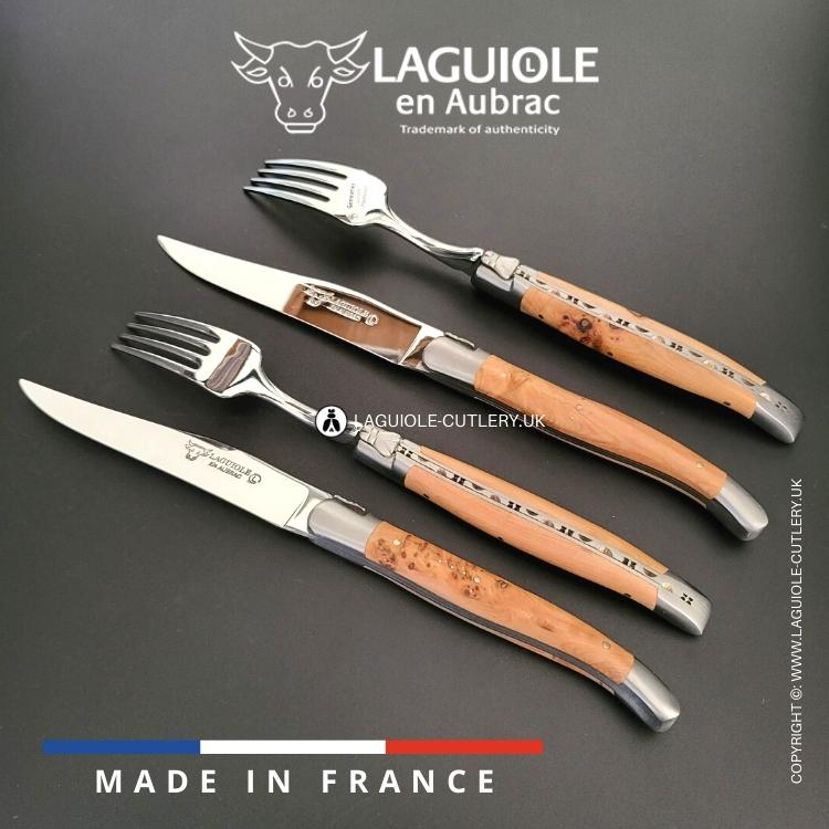 laguiole set of 2 knives and 2 forks juniper wood