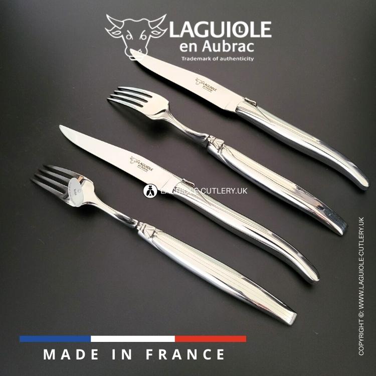 laguiole set of 2 knives and 2 forks stainless steel shiny
