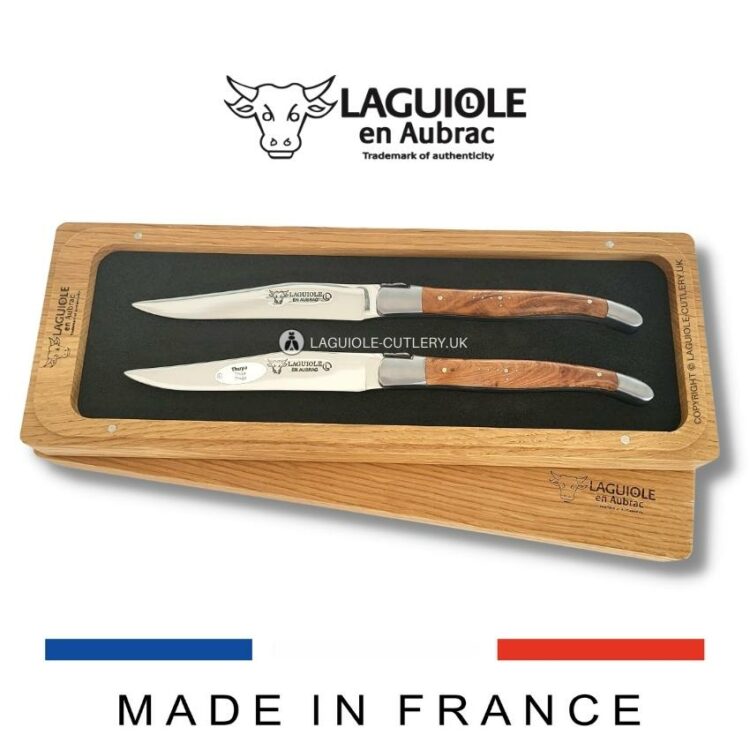 set of 2 laguiole steak knives thuya wood handles