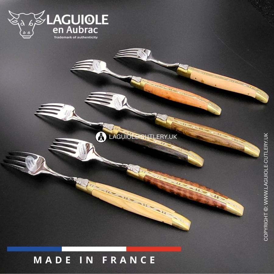 laguiole table forks set of 6 mixed wood satin brass bolsters