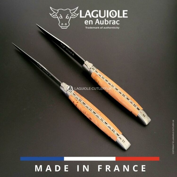 set of 2 laguiole steak knives juniper wood handles