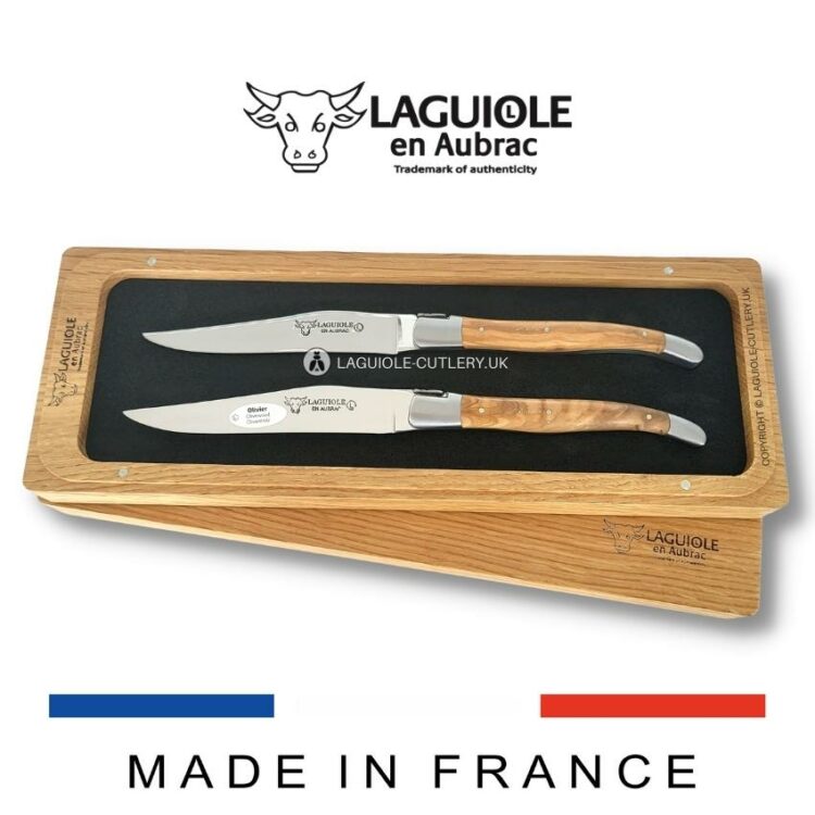 set of 2 laguiole steak knives olivewood handles