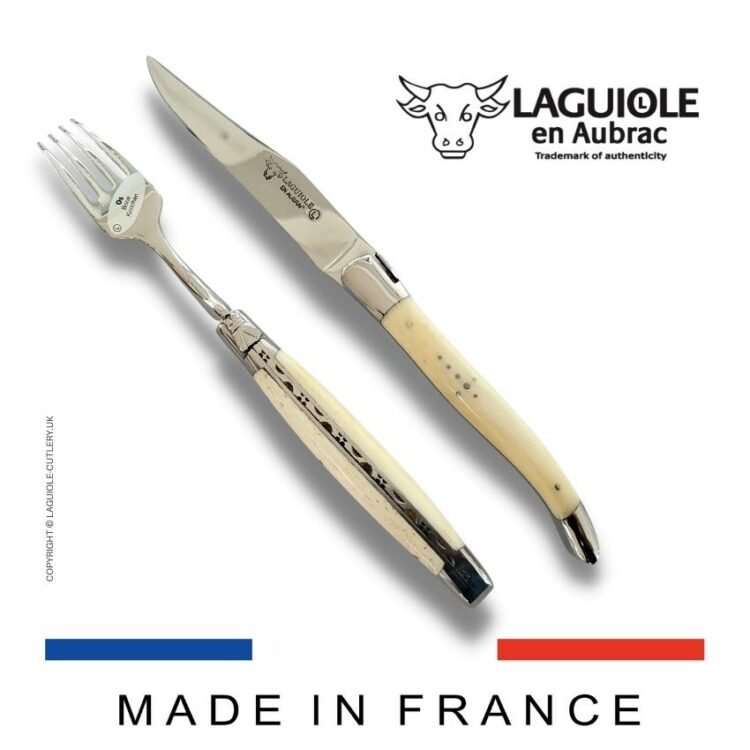 set of 1 laguiole steak knife and 1 fork cattle bone