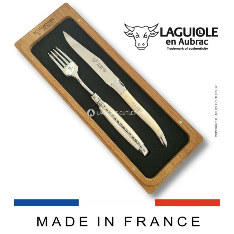 set of 1 laguiole steak knife and 1 fork cattle bone