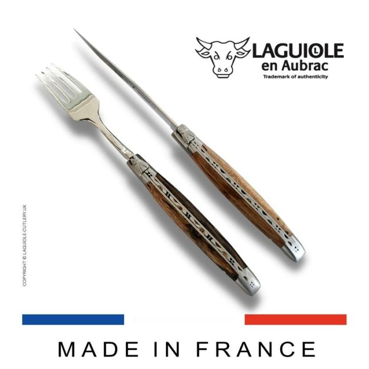set of 1 laguiole steak knife and 1 fork vine stock wood