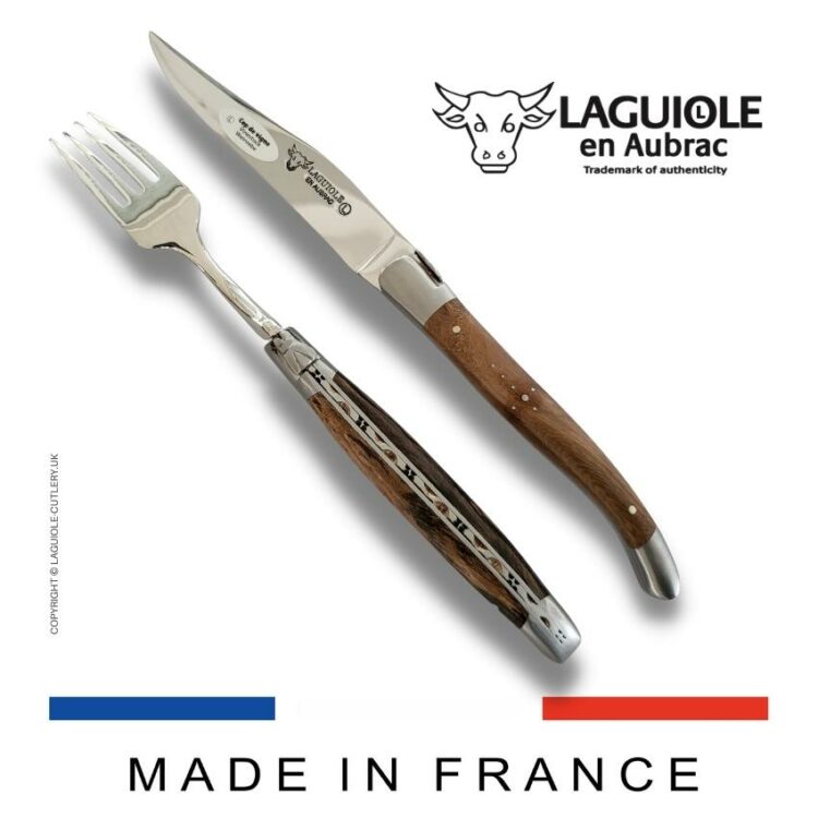 set of 1 laguiole steak knife and 1 fork vine stock wood