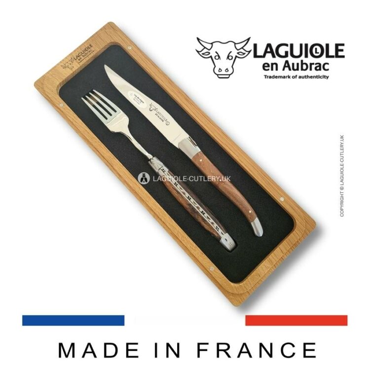 set of 1 laguiole steak knife and 1 fork vine stock wood