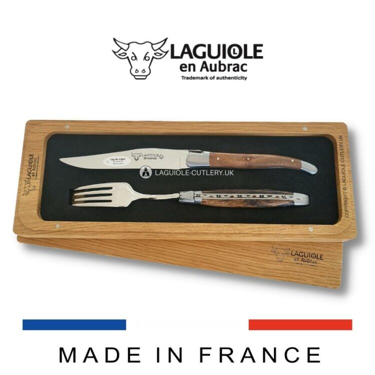 set of 1 laguiole steak knife and 1 fork vine stock wood
