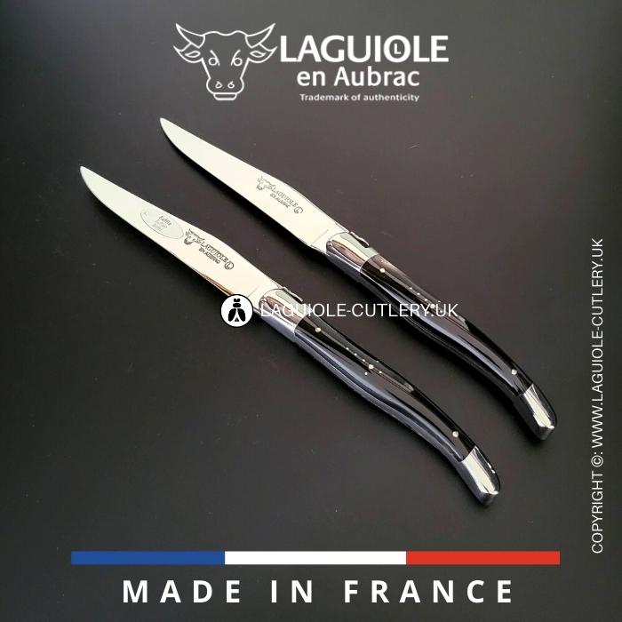 set of 2 laguiole en aubrac steak knives with buffalo horn handles