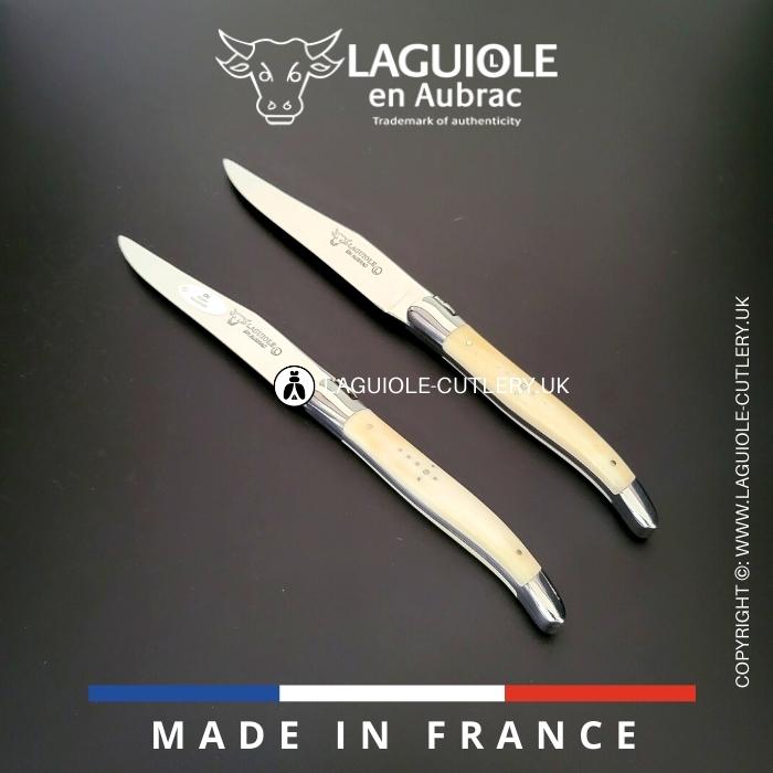 set of 2 laguiole en aubrac steak knives with cow bone handles