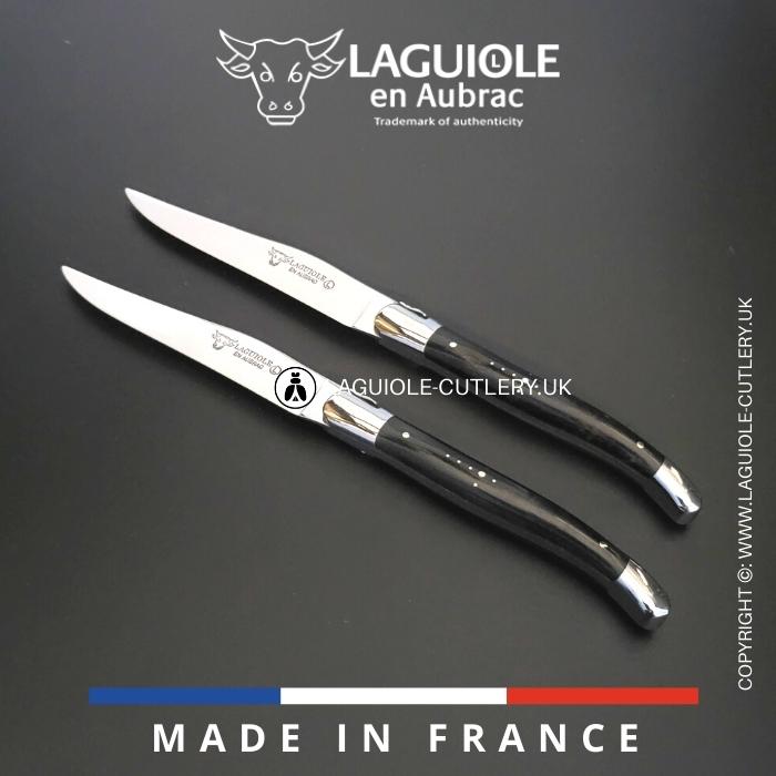 set of 2 laguiole en aubrac steak knives with ebony wood handles