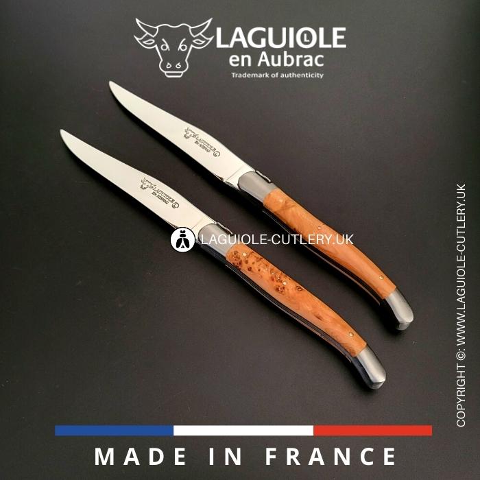 set of 2 laguiole en aubrac steak knives with juniper wood handles