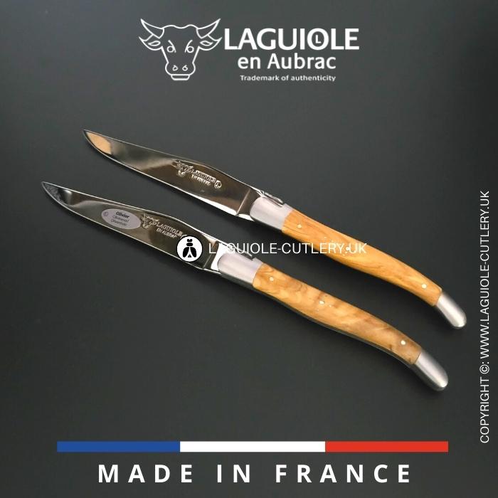 set of 2 laguiole en aubrac steak knives with olive wood handles