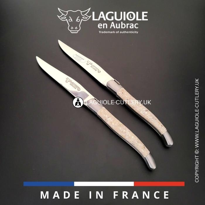 set of 2 laguiole en aubrac steak knives with oyster shells handles
