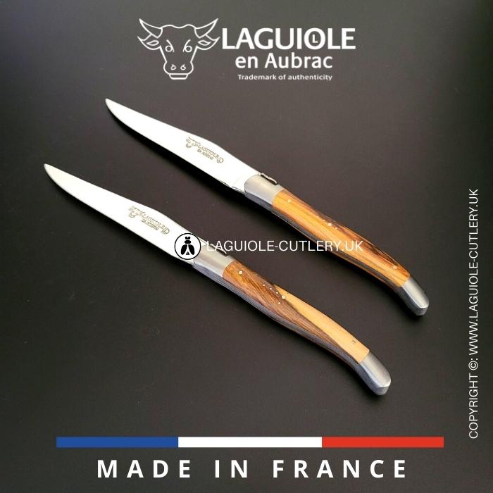 set of 2 laguiole en aubrac steak knives with pistachio wood handles