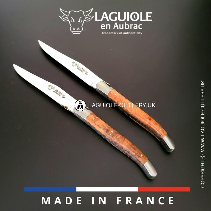 set of 2 laguiole en aubrac steak knives with thuya wood handles