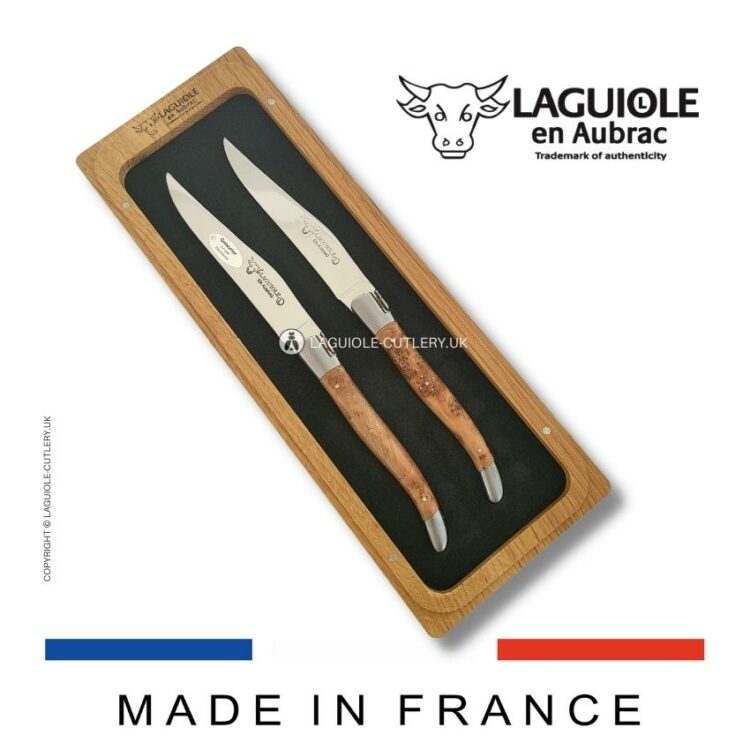 set of 2 laguiole steak knives juniper wood handles