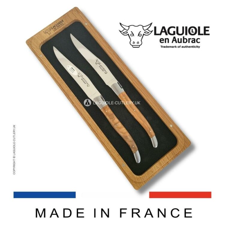 set of 2 laguiole steak knives olivewood handles
