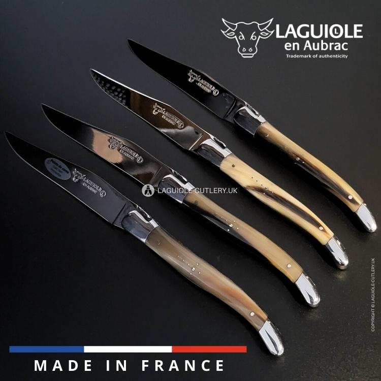set of 4 laguiole en aubrac steak knives with zebu horn tip handles