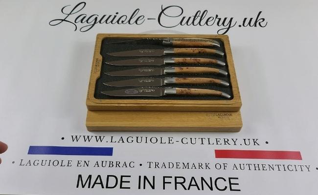 set of 6 laguiole steak knives juniper wood handles double plates chiseled