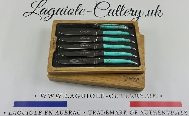 set of 6 laguiole steak knives turquoise stone handles
