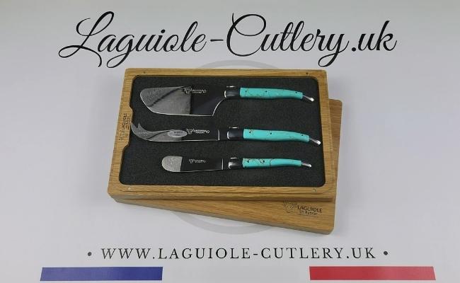video of laguiole cheese set of 3 turquoise stone