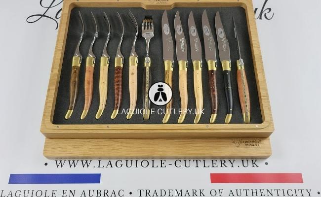 laguiole 12 piece flatware set mixed wood handles – brass bolsters