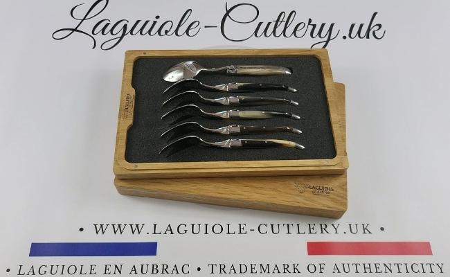 set of 6 laguiole dessert spoons zebu horn tip handles