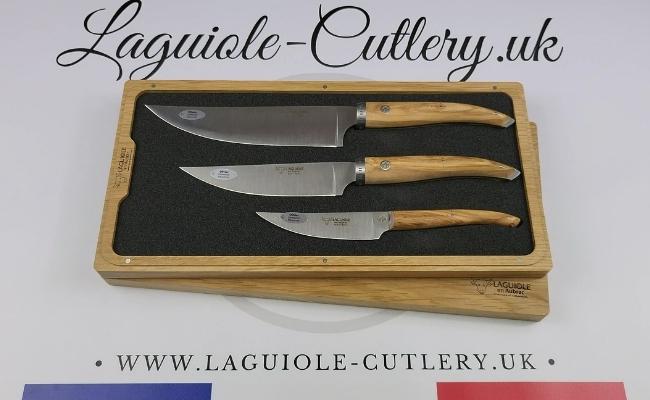 Laguiole Gourmet set of three kitchen knives in olive wood