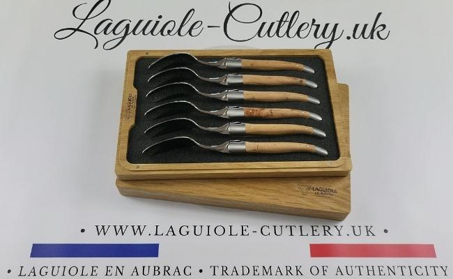 Six Laguiole soup spoons with juniper wood handles