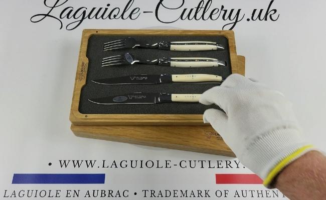 set of 2 laguiole steak knives and 2 forks cattle bone