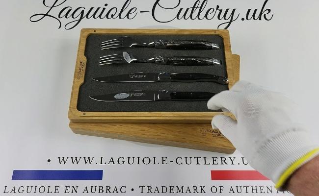 set of 2 laguiole steak knives and 2 forks buffalo horn