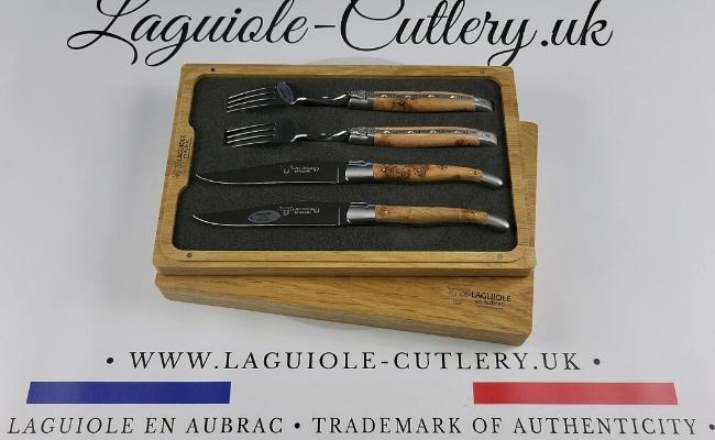 set of 2 laguiole steak knives and 2 forks juniper wood
