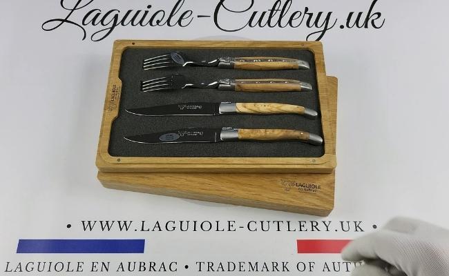 set of 2 laguiole steak knives and 2 forks olivewood