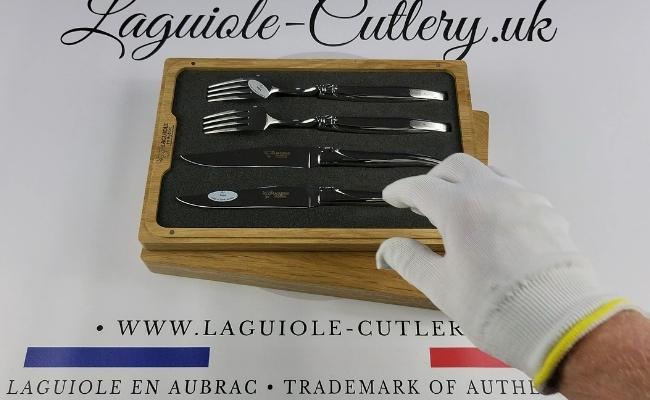 set of 2 laguiole steak knives and 2 forks stainless steel shiny