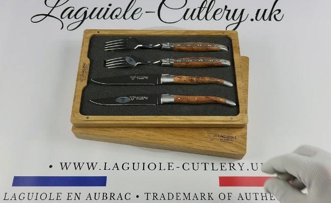 set of 2 laguiole steak knives and 2 forks thuya wood